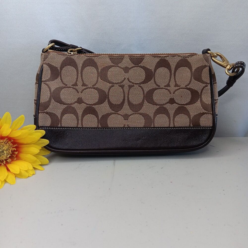 Coach Demi Signature Purse Bag Pouch Khaki Tan Monogram Chocolate Leather # 6094